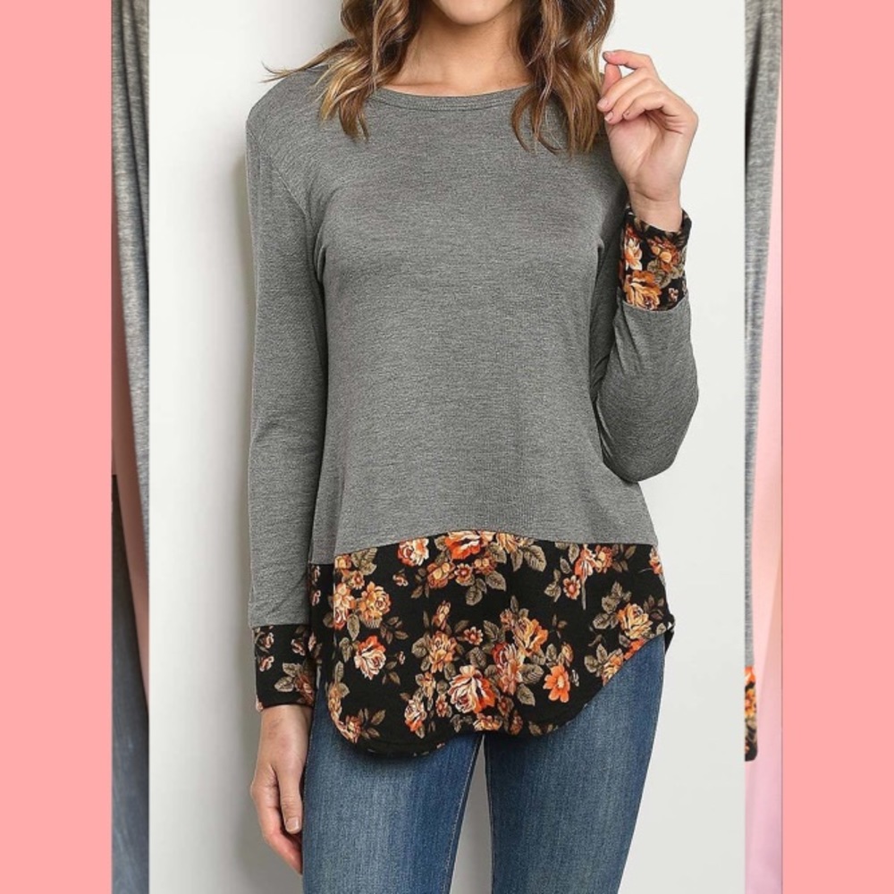 Women's Floral Print and Gray Long sleeve Blouse | Blissfully Beautiful Boutique